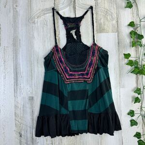 Vintage Free People Y2K Striped Embroidered Ruffle Trim Bohemian Tank Top